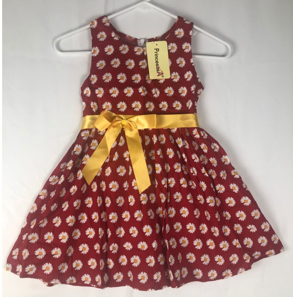 PrincesasA Girls Red w/Daisy Flowers 100% Cotton Spring Summer Dress 120cm